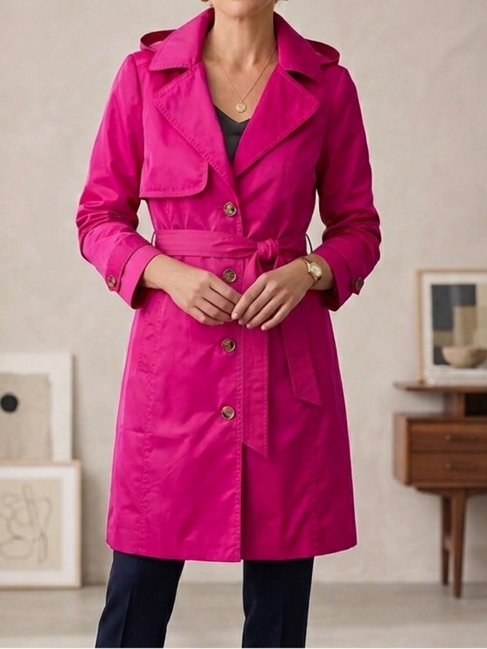 Chico's Hot Pink Belted Trench Coat Size 12/14 NWOT